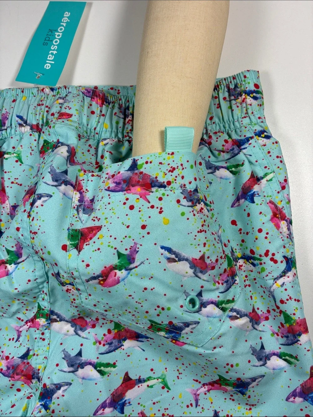 NWT Aeropostale Kids Aqua Multicolor Shark Print Swim Trunks, size 10